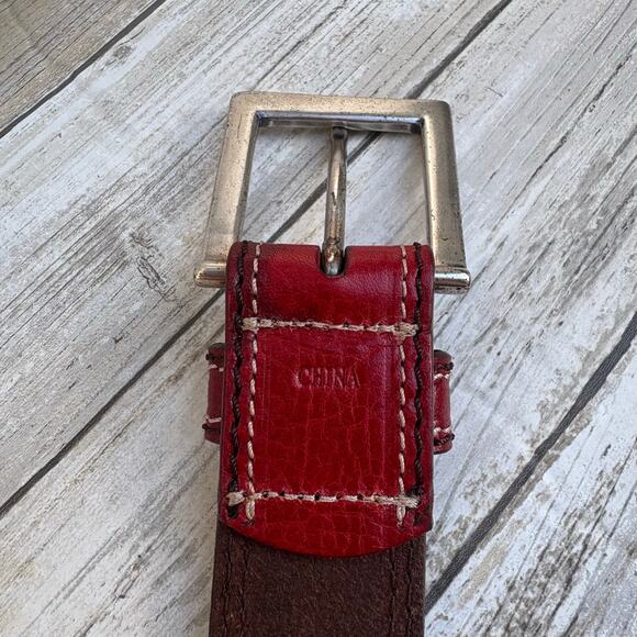 Fossil Leather Belt Sz Med Red 31” Metal Buckle Western Boho Earthy Classic - Picture 8 of 12